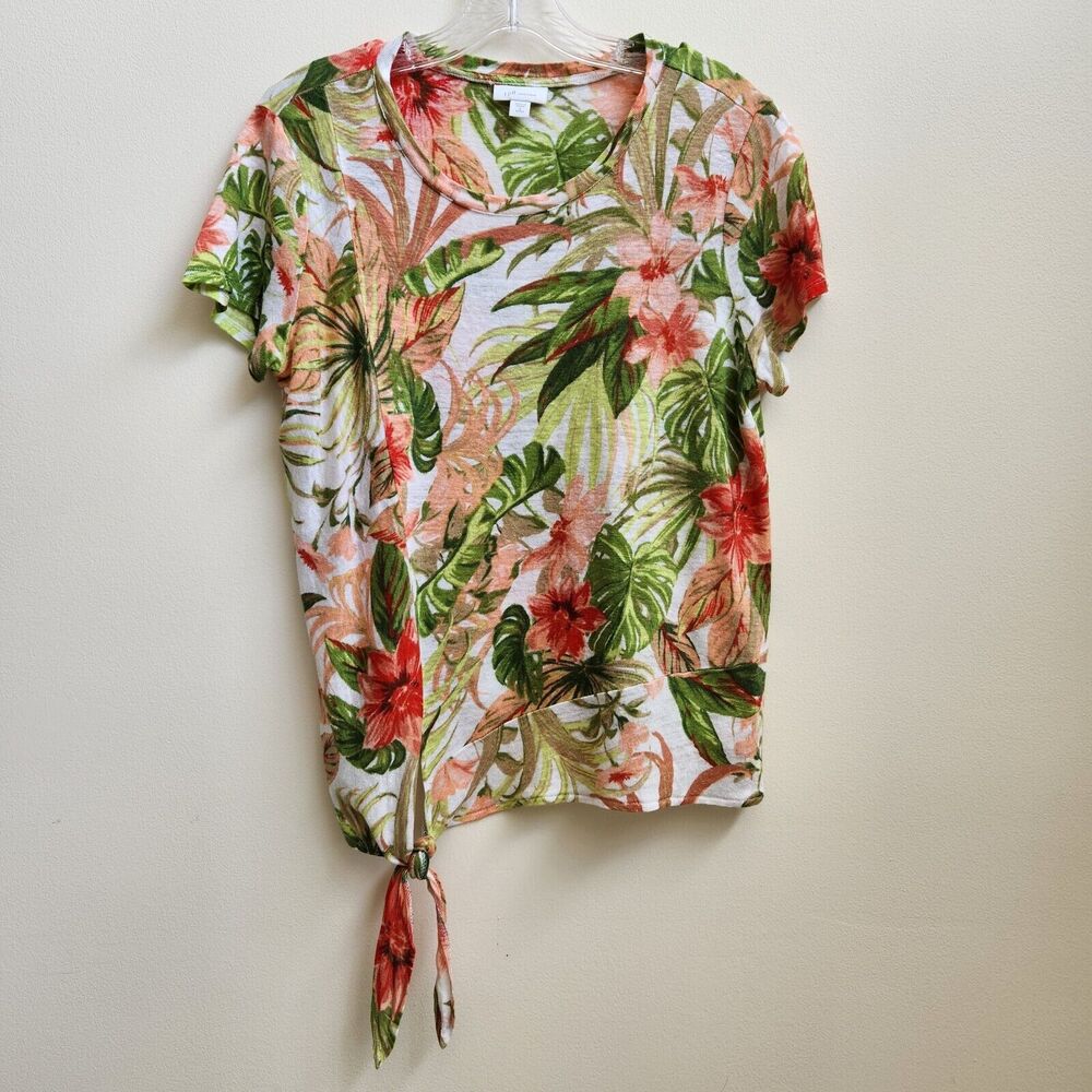 J Jill Top Womens PSmall Green White Floral Love Linen Blouse Short Sleeve Tie